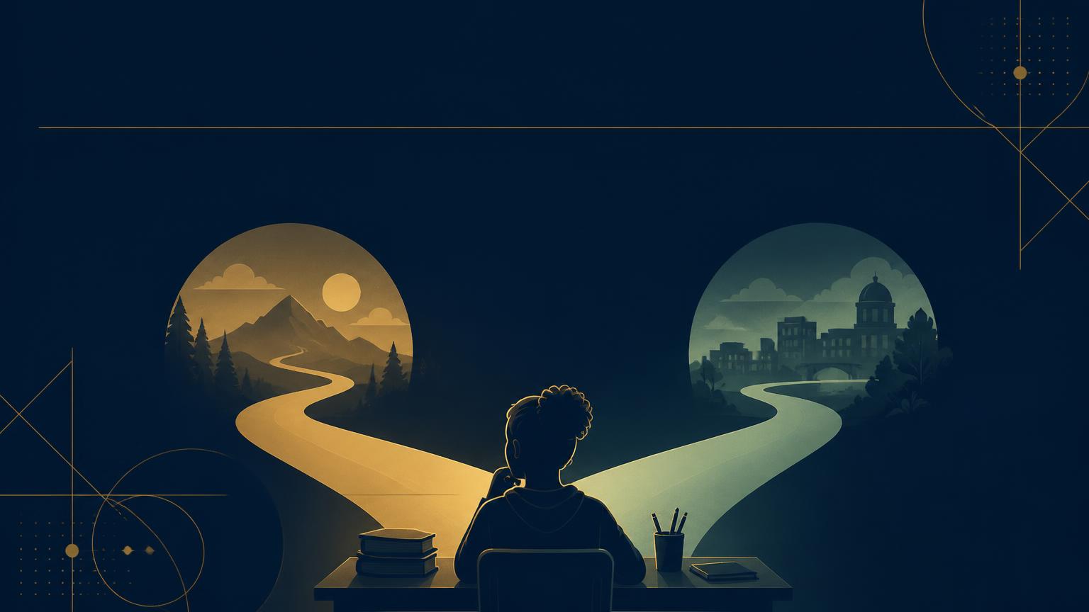 A student at a desk considering two lit pathways ahead, in navy and gold
